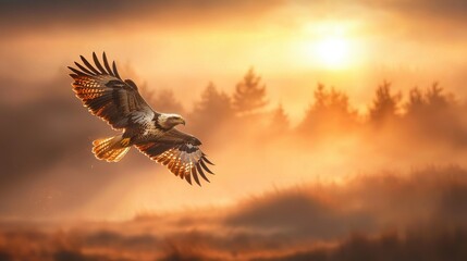 Fototapeta premium Majestic Eagle Soaring Above Misty Forest at Breathtaking Sunset