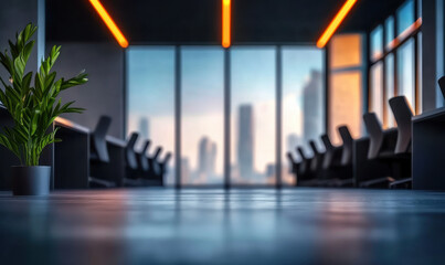 Stylish Modern Office Space with Elegant Interior Design, Green Plant, and Urban View Embracing Comfort and Productivity in a Business Environment