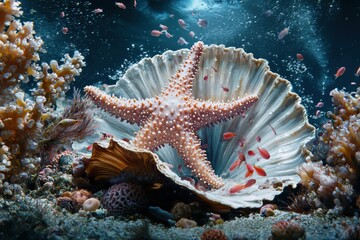 Obraz premium A vibrant underwater scene featuring a striking starfish resting on a large seashell, surrounded by colorful coral and small fish in a serene ocean.