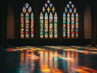 Stained glass church windows illuminate floor