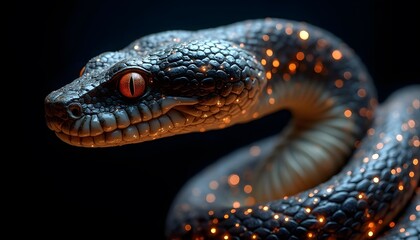 Fototapeta premium Glowing Snake Closeup Dark Background Digital Art