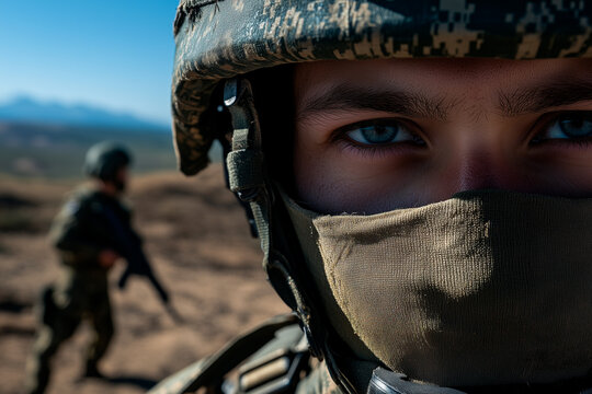 Close-up Portrait of Soldier in Camouflage Helmet and Face Covering