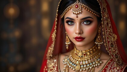 Stunning Indian Bride in Red Bridal Dress with Exquisite Gold Jewelry