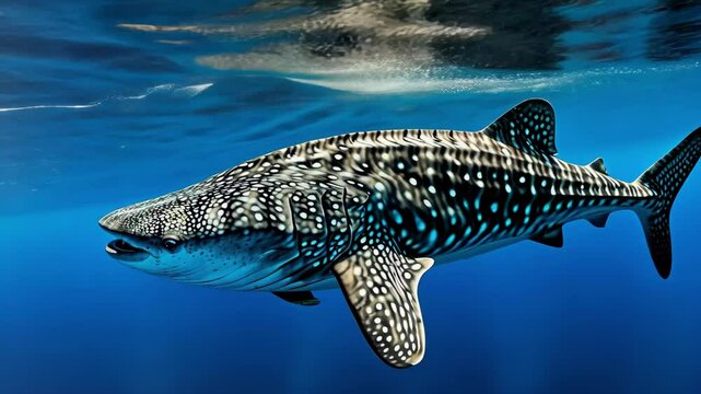 Whale shark gliding gracefully through clear ocean water
