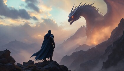 Warrior Facing Enormous Dragon on Rocky Mountain Peak at Sunset