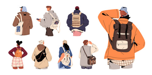 Set of people with backpacks set. Diverse men and women hold, carry different bags, knapsacks, rucksacks behind. Tourists travel with hand luggage backside. Flat isolated vector illustrations on white