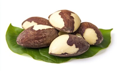 Brazil nuts on leaf, healthy food, white background, close-up shot, ideal for packaging
