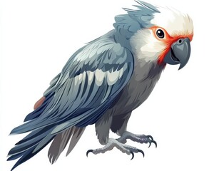 Fototapeta premium Gray Parrot Jaco Isolated on White Background. Beautiful Bird with Grey Feathers and Talking Beak