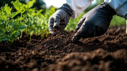 Close-up of hands in black gloves working soil in a garden, promoting the importance of plant care and sustainable gardening practices for healthy growth.