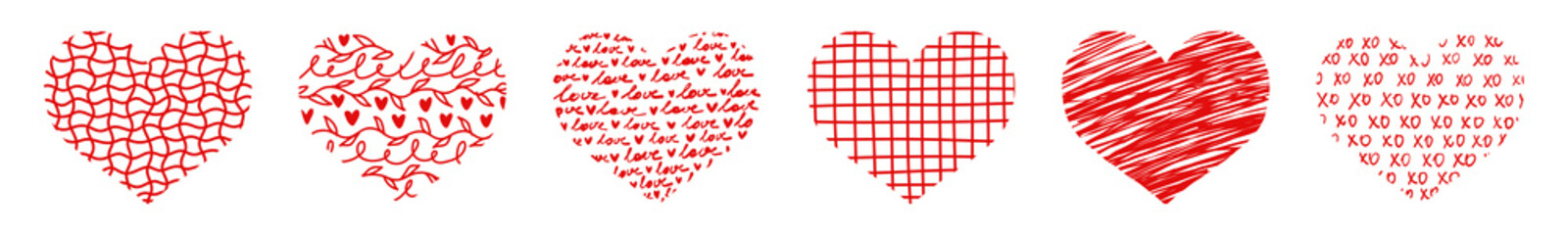 Hand drawn line art hearts set. Valentine's day textured heart shape doodle templates.