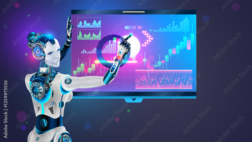 Aufkleber Robot AI trader analyses chart of stock exchange market. Woman robot trader education trading. Automated trading AI system. Bot trader developing trading strategy on stock exchange market. Ai fintech