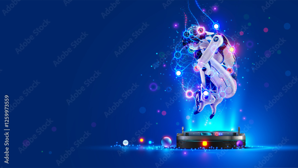 Poster Ai neural network. Ai robot woman in the fetal position is wrapped in a neural network hovered over podium. Ai cyborg learning in cyberspace hibernation. Startup neural network. Sci-fi ai robot.