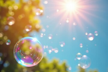 Sun-drenched soap bubbles burst with rainbow colors against a vibrant summer sky , macro, ethereal