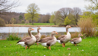 Geese walking on green grass by a serene lake