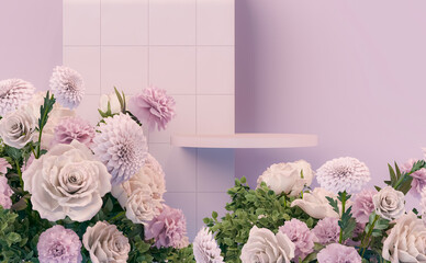 3D podium display, pastel pink background with rose flowers. Peonies flower and palm leaf shadow. Minimal pedestal for beauty, cosmetic product. Valentine, feminine copy space template 3d render	