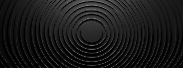 Minimalist black background with concentric circles for design, banner template. White space in the center of the page for text. Contemporary black and white pattern.