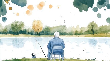 Obraz premium A serene watercolor painting of an elderly man fishing by a lake, surrounded by lush trees and vibrant nature, capturing a peaceful moment of relaxation.
