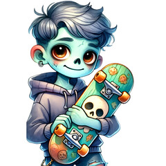 Adorable cartoon zombie character holding a skateboard with skull design, wearing a hoodie and displaying large expressive eyes in a playful style.