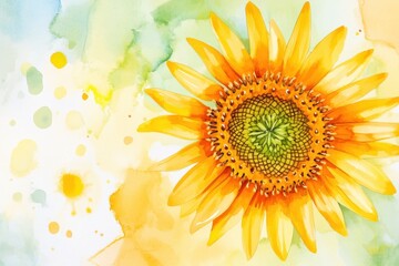 Obraz premium A vibrant sunflower blooms against a soft watercolor background, symbolizing warmth and joy, perfect for nature-themed projects or invitations.