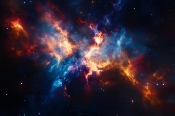 Stunning cosmic nebula showcasing vibrant blues and fiery oranges, creating a mesmerizing celestial display in deep space