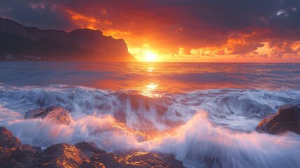Fototapeta premium Dramatic sunset over the sea with waves crashing on rocks. Use Stock photo for nature, travel, or wallpaper