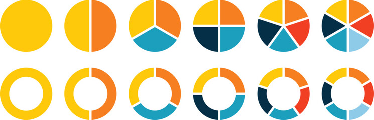 Set of pie charts diagrams.. Different color circles. donut and pie chart infographic elements. Colorful diagram graphs. Pie chart divided 1,2,3,4,5,6,7,8,9,10,11,12 equal parts Circle section graph.