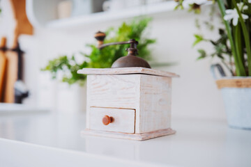 Rustic coffee grinder on a kitchen counter with decorative plants in view