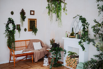 Cozy indoor space decorated with greenery and natural elements