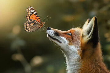 Red fox looking up at a butterfly landing on its nose, with a blurred green background in soft light