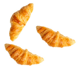 Top view set of three brown or golden croissants isolated on white background with clipping path