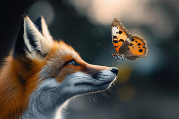 Fototapeta premium Red fox looking with curiosity at a butterfly landing on its nose in a beautiful, inspiring and heartwarming scene