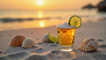 Artfully presented tequila shot at sunset, tropical relaxation