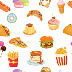 seamless pattern theme fast food or junk food, dessert, pastry, donut