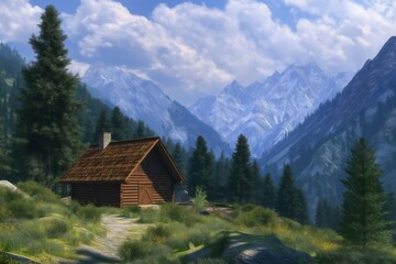 Obraz premium Cozy wooden cabin sits peacefully in a valley, surrounded by lush evergreen trees and towering, snow capped mountains under a bright blue sky