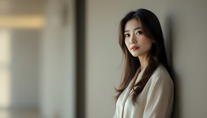 Obraz premium Confident Asian Woman in Beige Shirt Portrait Photography
