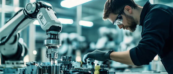 Collaborative innovation in a cutting-edge assembly line environment with robots and human workers at dusk