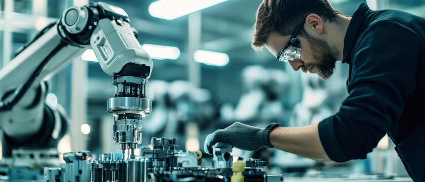 Collaborative innovation in a cutting-edge assembly line environment with robots and human workers at dusk