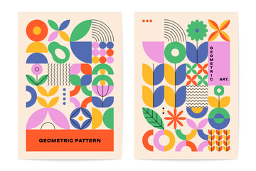 Green plant posters. Abstract geometric poster set minimal mosaic leaf flower ornament, bauhaus scandinavian tile composition for brochure flyer design. Vector collection