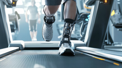 Patient pushes limits while running on a treadmill with advanced prosthetic leg in bright fitness studio environment