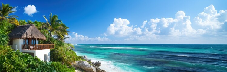 Tranquil Beachfront Bungalow Paradise with Thatched Roof and Palm Trees