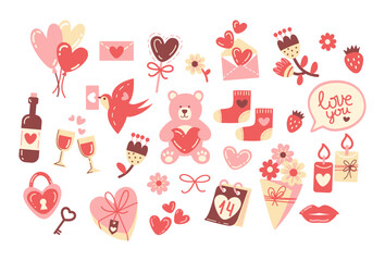 St valentines day elements. Love hearts, sweets, balloons, teddy bear and other romantic symbols. Vector illustration in flat style.