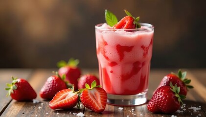 Chilled strawberry taho in glass, creamy, sweet, milk, strawberry