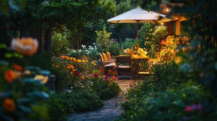 Naklejka premium Serene Evening Garden Patio: A Luxurious Outdoor Dining Experience