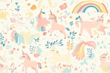 Cute pattern with cute unicorns and rainbows in soft pastel colors, patterns