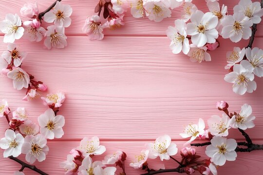 Art spring flowers background. Wooden table with white cherry blossoms, creating an elegant and minimalist background for text or product display