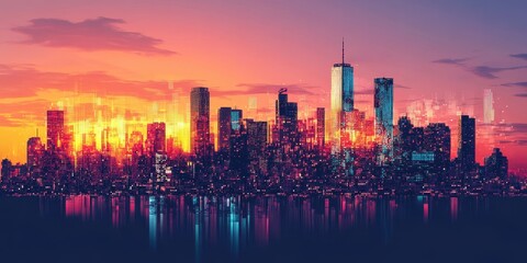 Fototapeta premium City skyline with glowing lights reflected in the water