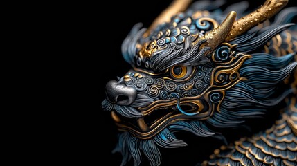 Obraz premium A Captivating Dragon Statue with Elegant Gold and Blue Design Representing Nature and Culture in a Luxurious Abstract Style