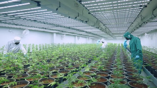 Candid shot of active farm laboratory workers in uniform examine on healthy young potted plants. Humidity and Insect control for a rich harvest. Alternative Medical Hemp Industry and Production.