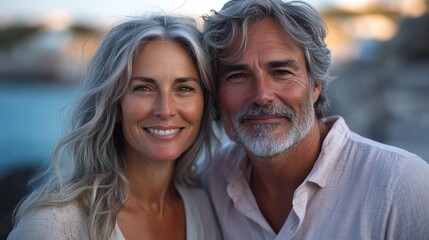 Happy senior couple standing close together, intimate moment, love, companionship, and timeless beauty.