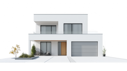 Modern minimalist white house exterior with large windows and garage isolated on transparent background
